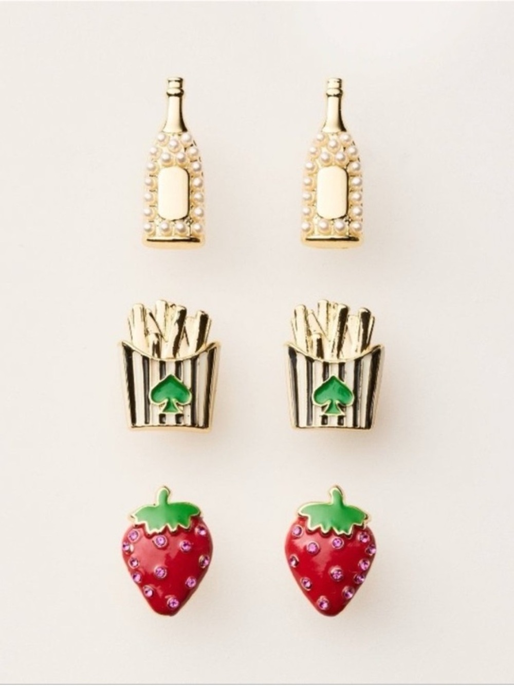 NWT Kate Spade 3 Piece Earring Set - Champagne, French Fries & Strawberry - Picture 1 of 9
